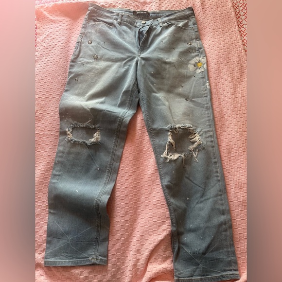 Express High Rise Jeans - Distressed Gray with Floral Accents - Picture 1 of 4